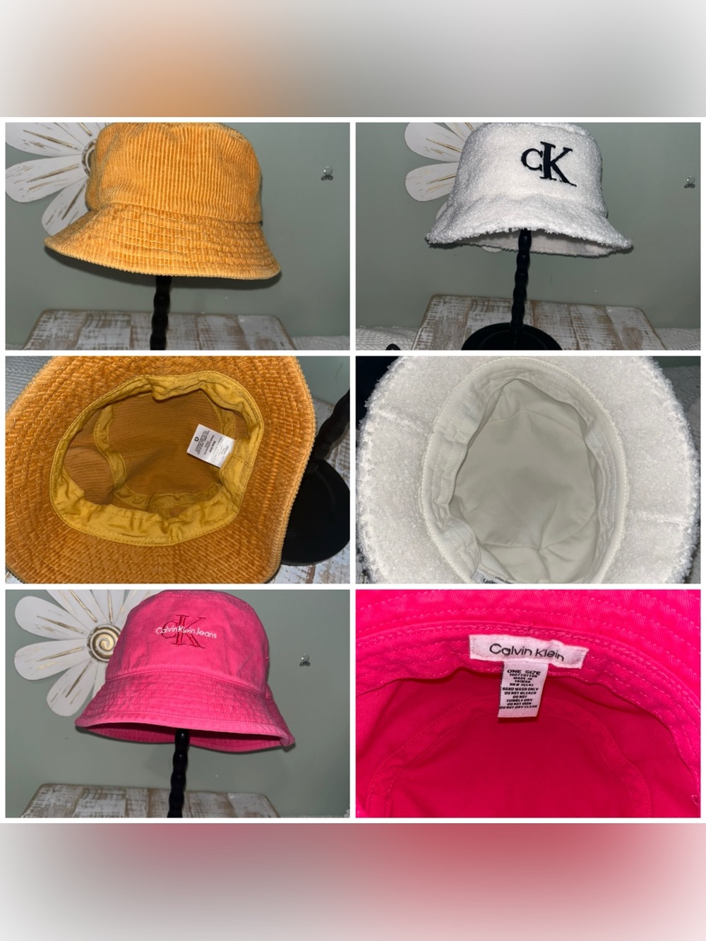 3-pack Of Bucket Hats. Two Calvin Klein (White, Hot Pink), and one Mustard